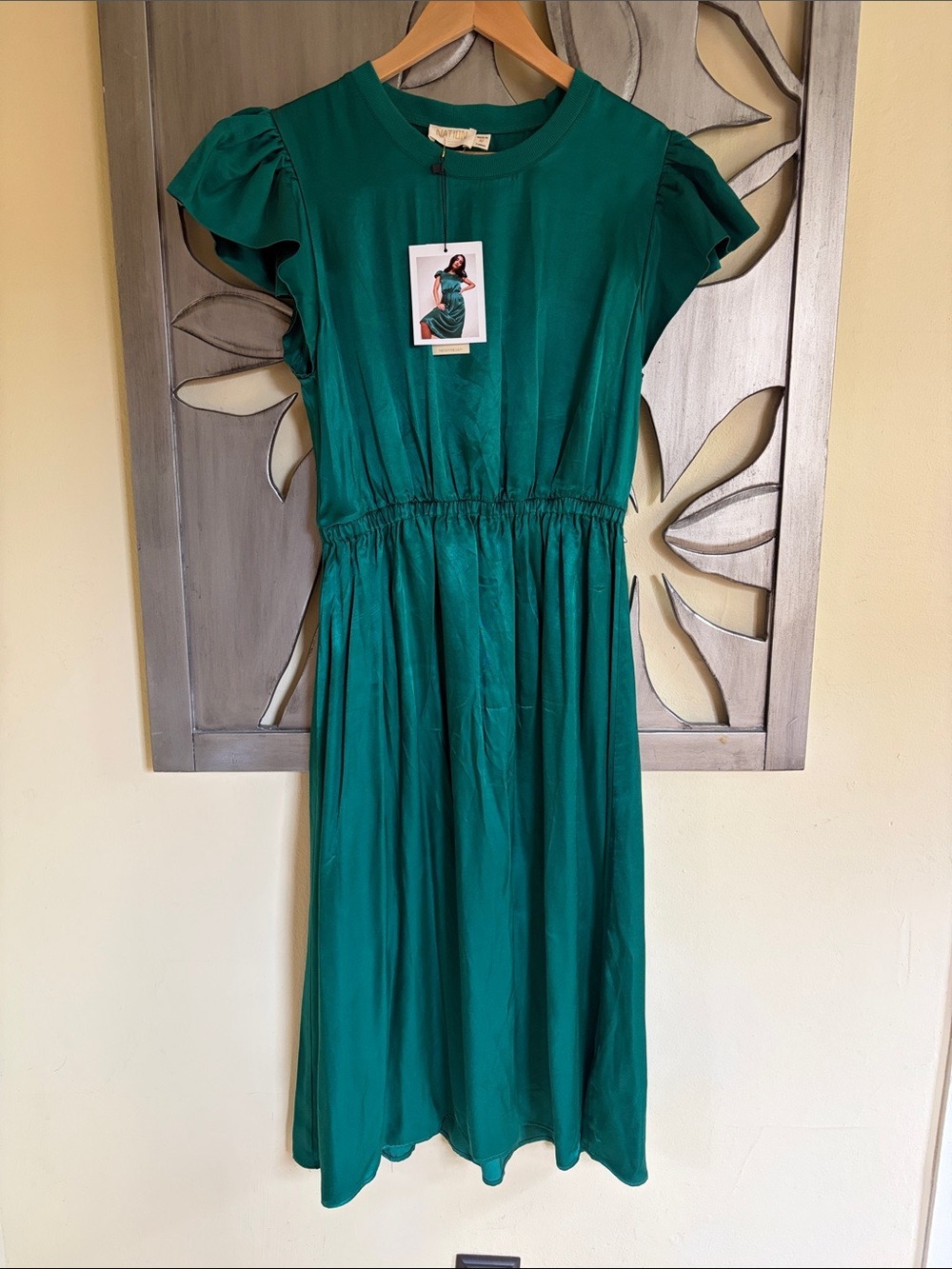 Nation LTD Ruby Ruffle Sleeve Satin Type Dress Green Emerald Medium NWT